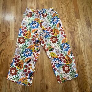 C&C California Women's Medium Wide Leg Linen Pants Floral Print Elastic Waist